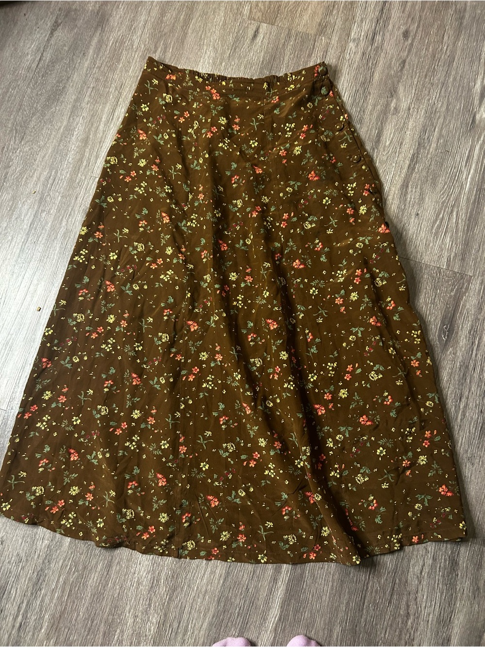 Vintage silk April Cornell Olive Green Floral A-Line Maxi Skirt
